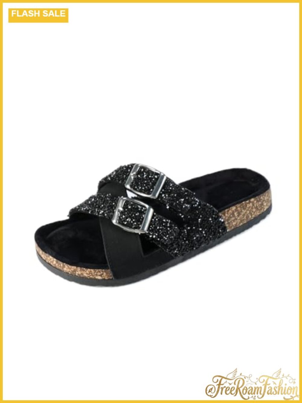 Glitter Double Buckle Cork Footbed Slides Platform Sandals